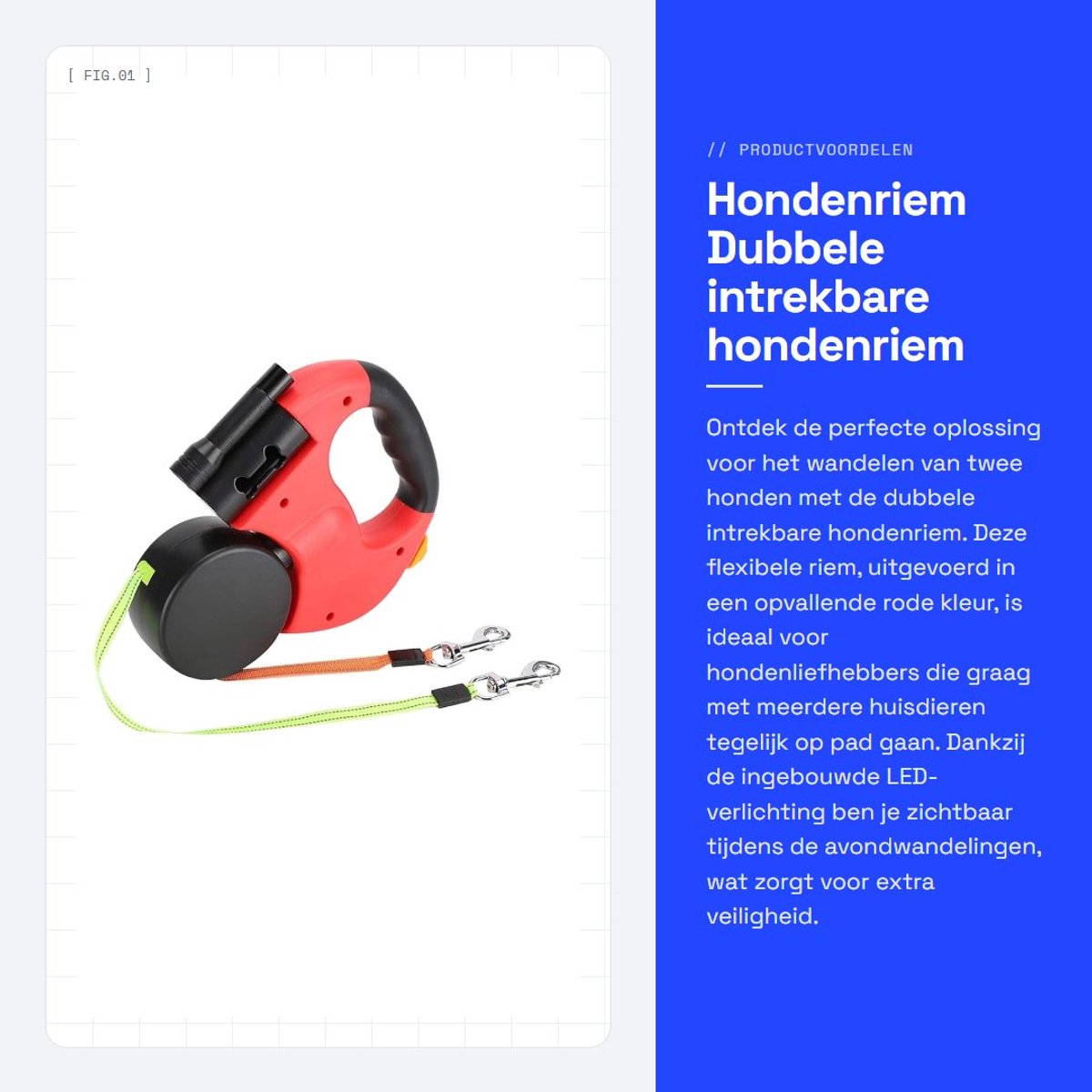 Dailygoods - Hondenriem - Dubbele intrekbare hondenriem - Flexibel met LED verlichting - Rood - Reflecterende hondenriem - Geschikt voor honden en kat...