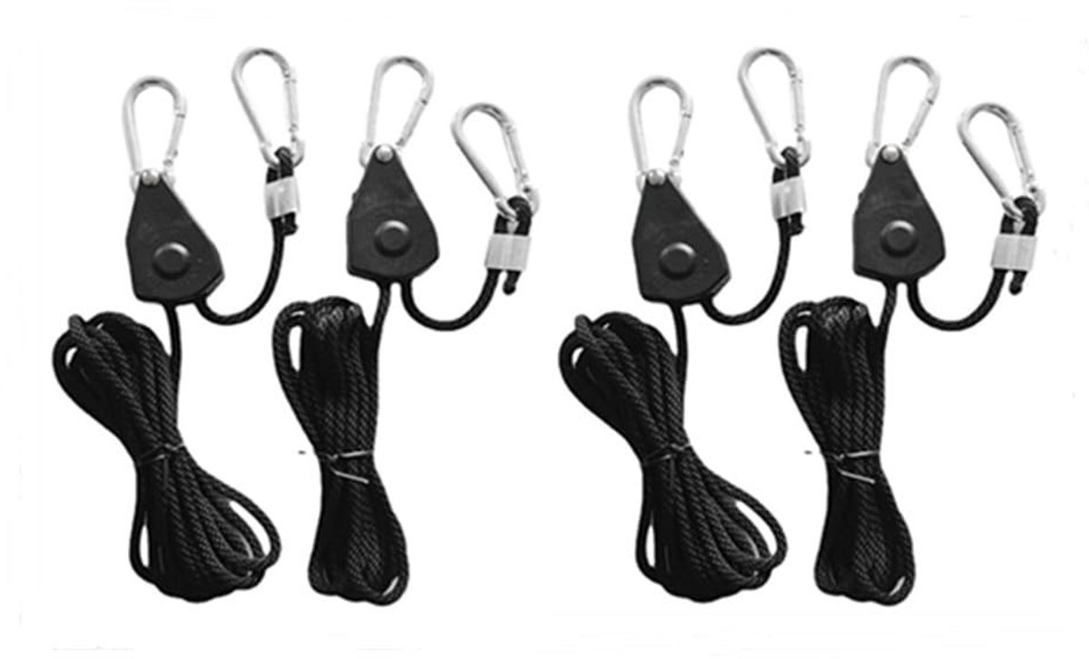 Dailygoods- Touwhangers 4 Stuks - Verstelbare Touwhangers - Kabelratel met Haak - Laadcapaciteit 68 kg - Kabellengte 2 m - Nylon Touw en Zinklegering - Ophangsystemen