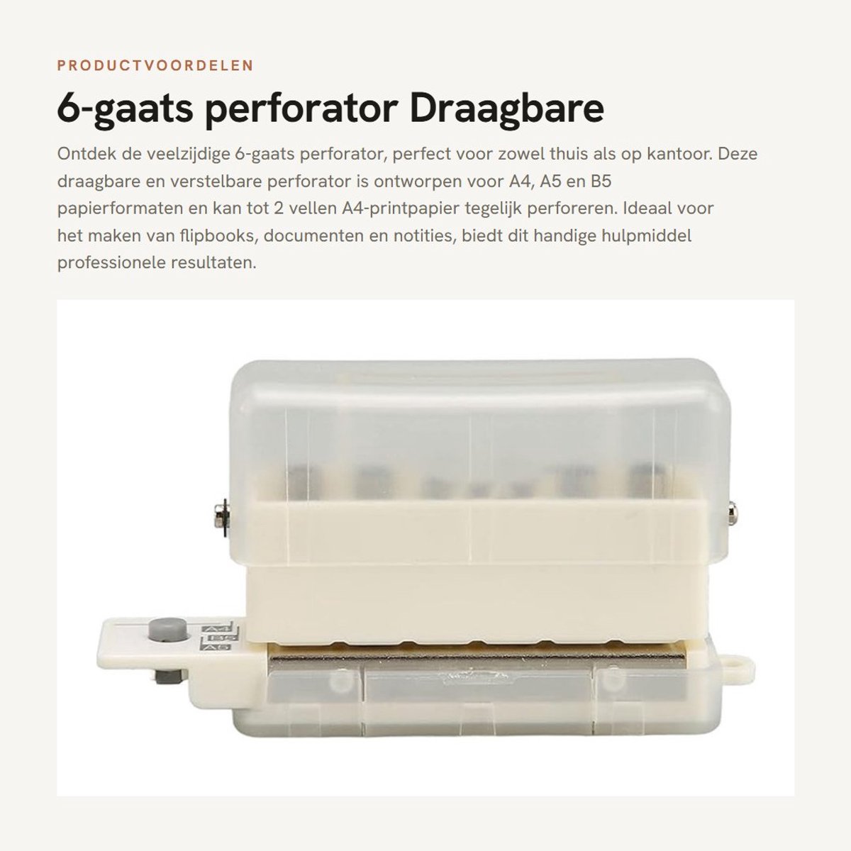 Dailygoods- Papierperforator Draagbaar - 6-gaats Perforator - Verstelbaar - Met Chip-Verzamelbox - Geschikt voor A4/A5/B5 - Stans tot 2 Vellen - Papierpons