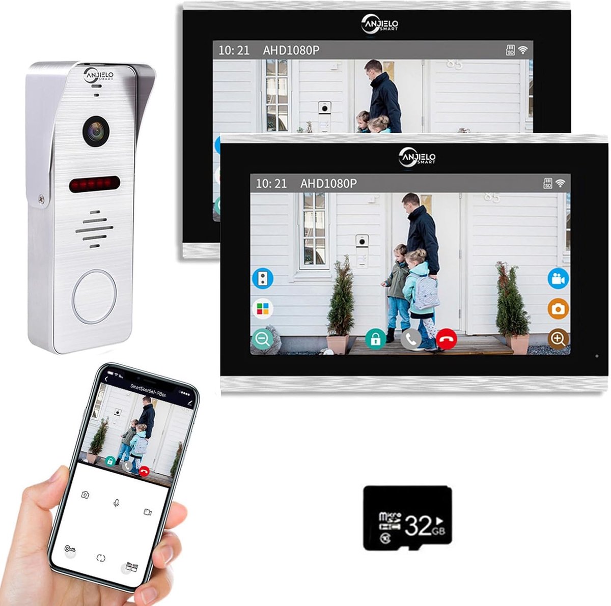 Video Deur Intercom - Huis Beveiliging - Bezoekers Ontvangen - 10 Inch Touch Monitor - 1 Deurbel 2 Monitoren - Zilverkleurig