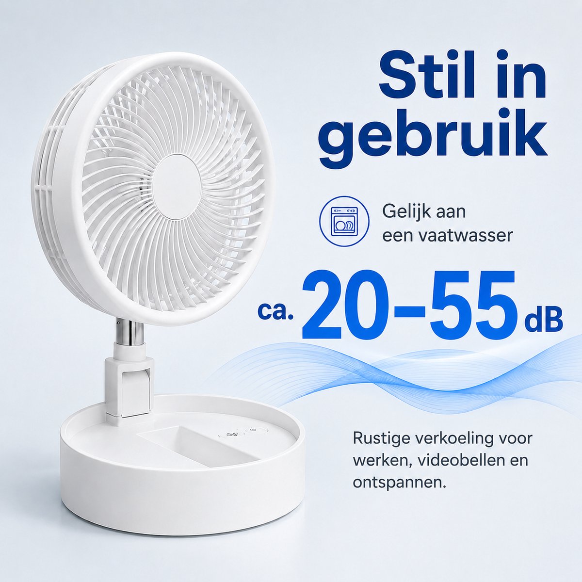 Tafelventilator met Telefoonhouder - USB-C Oplaadbaar - 3 Standen - Opvouwbaar en Draadloos - Staande Mini Ventilator - Fan - Verkoeling - WK Voetbal Kijken Accessoire - Kleine Aircooler - Mobiele Airco - 16,5 x 16,5 x 8 cm - Wit - Silvergear — afbeelding 4