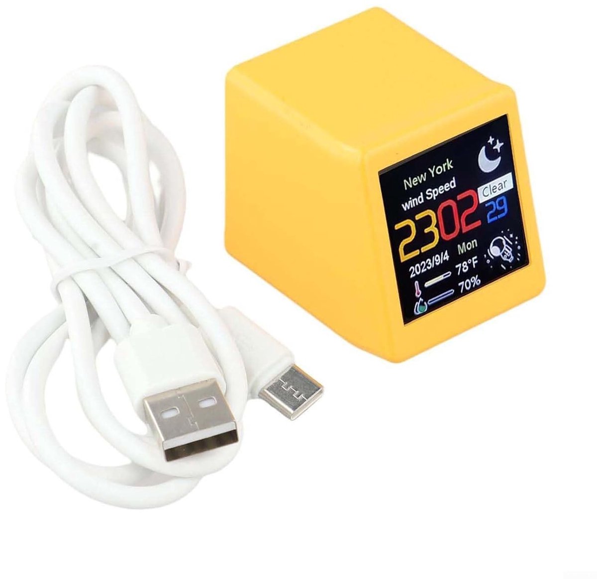 Slim Weerstation - Digitale Klok - Thuis Gebruik - Wifi Connectiviteit - 8 x 5 x 5 cm - Wit Geel