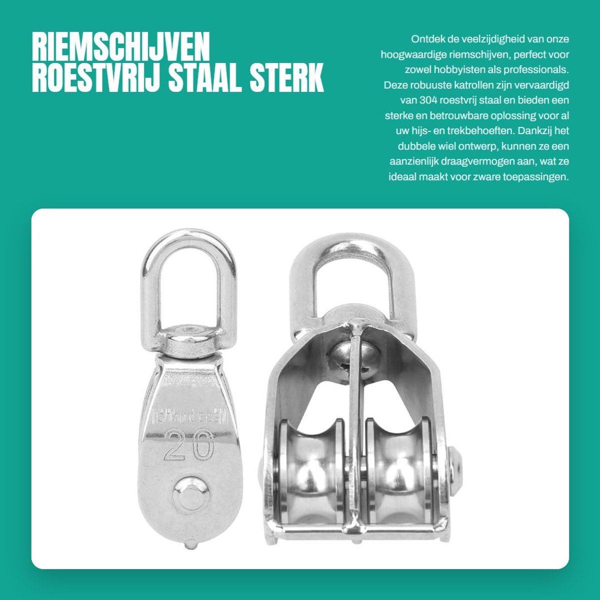 Dailygoods- Riemschijf 304 Roestvrij Staal - Vaste Katrol - Dubbel Wiel - Draagvermogen - Eenvoudig te Installeren - Betrouwbare Kwaliteit