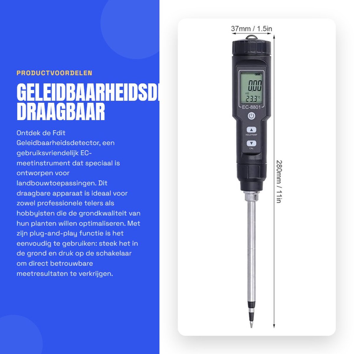 Dailygoods - Geleidbaarheidsdetector - Draagbaar EC-meetinstrument - Voor landbouw en laboratorium - Standaard - Ideaal voor tuinbouw - Eenvoudig en e...