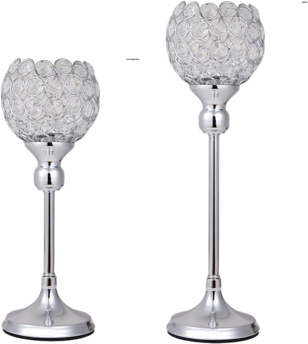 Kandelaars Kristal - Theelicht Houder - Feestelijke Decoratie - Set van Twee - 30cm 35cm - Zilver