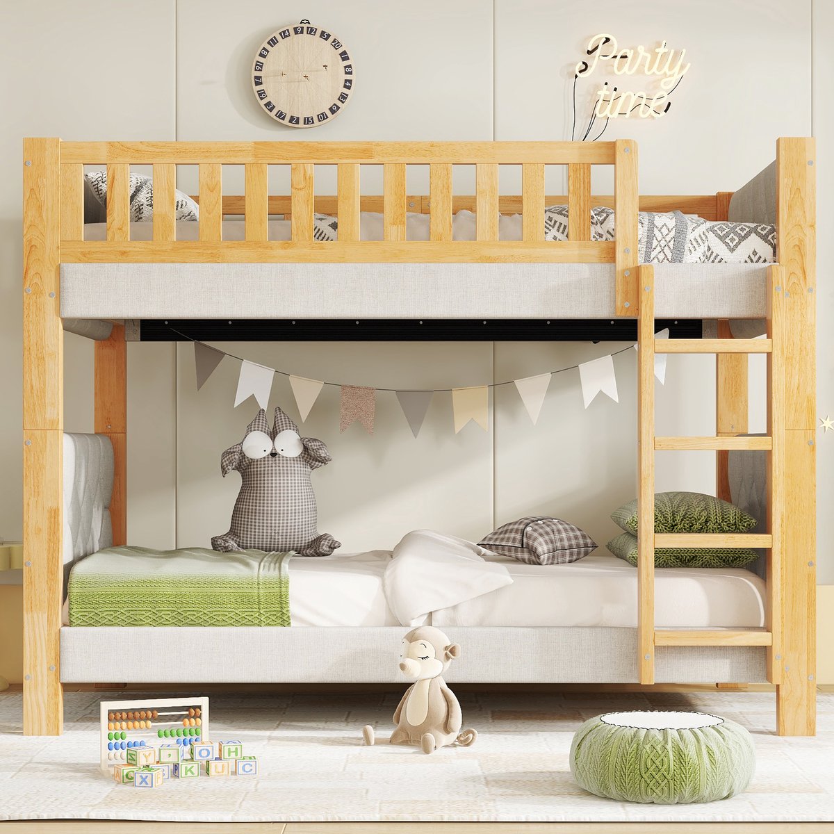 MEUNIQ stapelbed 90x200 cm met uitvalbeveiliging, zachte stootrand, 4-trede rechte trap en lattenbodems voor kinderkamer, grijs en naturel