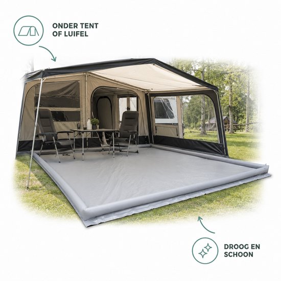 Grondzeil met opblaasbare rand voor een tent of luifel, houdt de grond droog en schoon.