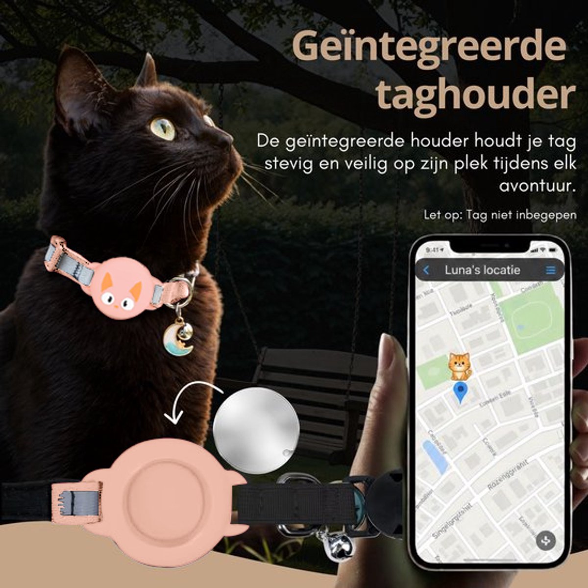 Pets n Paws Kattenhalsband Tag Houder - Verstelbare Halsband Kat - Met belletje - Glow in the Dark - Reflecterend - Geschikt voor AirTag - Kat GPS Tracker Houder - Kitten / Hond - Kattenbandje - Cat Collar - Kattenriem - Zalmroze – foto 2
