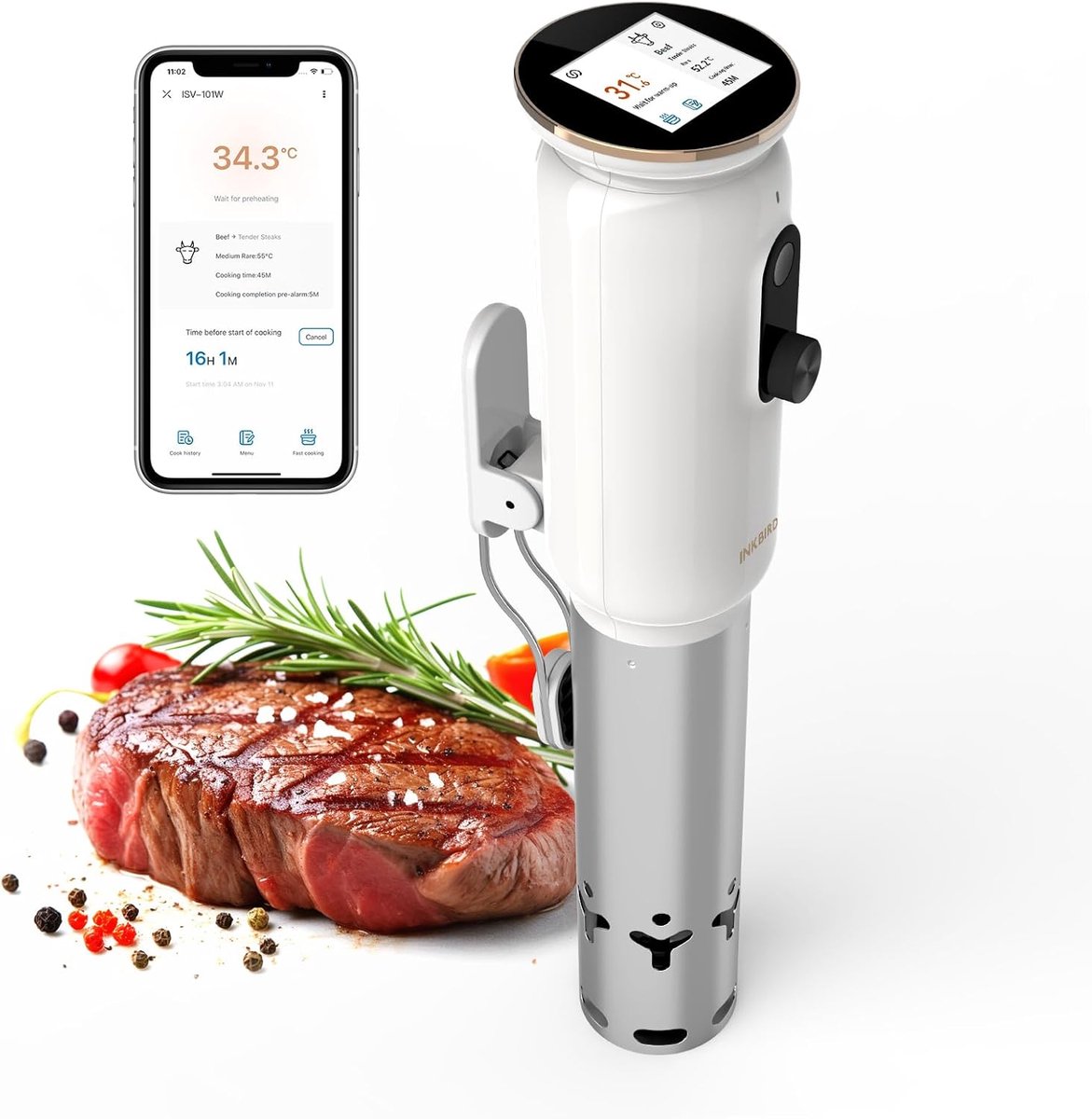 Sous Vide Roner - Vacuüm Kookapparaat - Precisie Koken - Wifi App Bediening - 1000 Watt - Wit