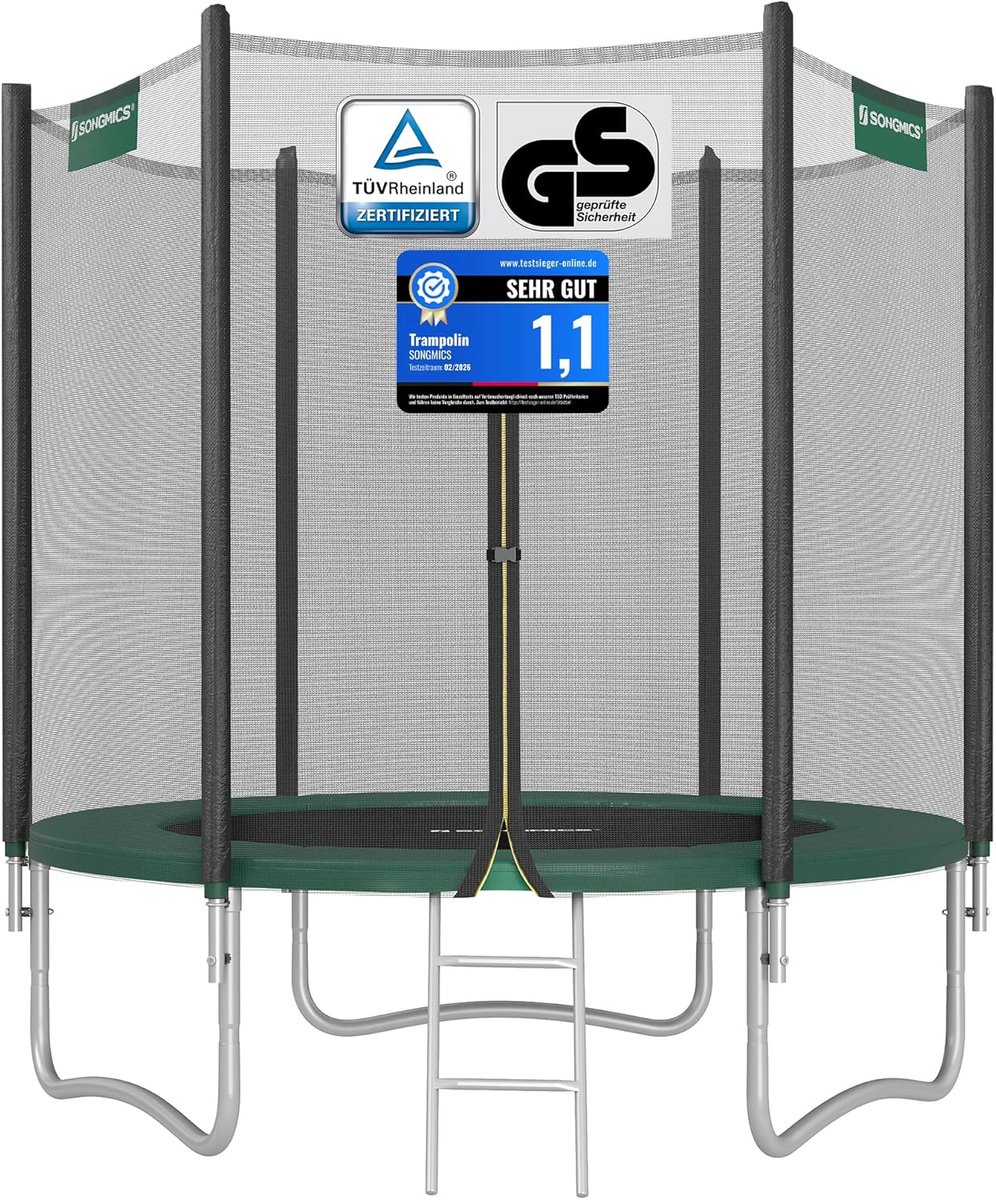 SONGMICS Trampoline voor buiten, diameter 183cm, ronde tuintrampoline met randafdekking, met veiligheidsnet, ladder en beklede stangen