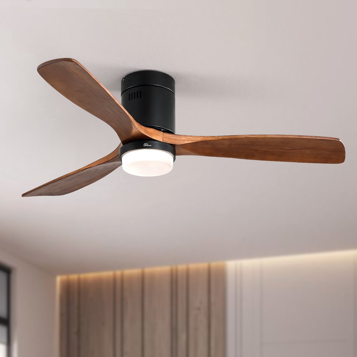 KOMHTOM - Platte plafondventilator - 132 cm - Met verlichting - 3 vleugels van massief hout - Geruisloze omkeerbare motor - Afstandsbediening