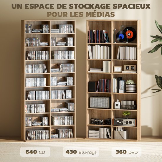 HOMCOM-CD-opbergkast - Spaanplaat - 78,5 x 24 x 175 cm - Natuurlijk hout