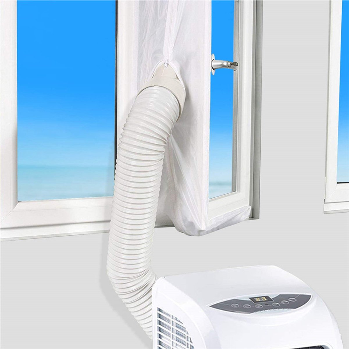Namajunas - Raamafdichtingskit mobiele airco - Airco Raamafdichting 500 cm - Zelfklevend - Draagbaar raamafdichtingsset - Luchtwisselingsafdekking met rits en sterke klittenband - Houdt warmte en insecten buiten - Voor dubbele buis