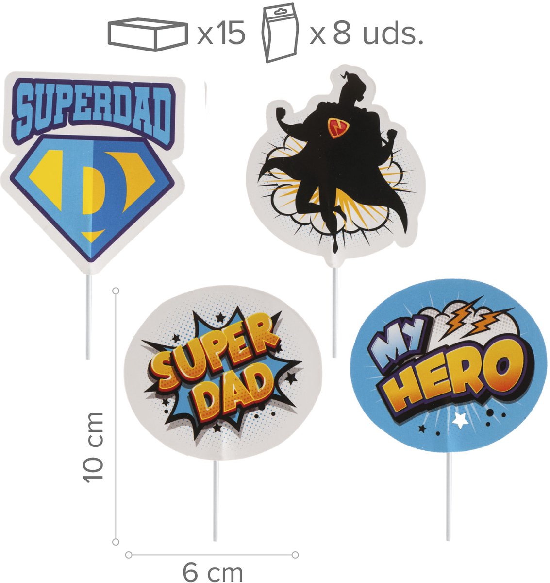 Caketoppers - Vaderdag - Superdad - Cupcake- 8 stuks - 4 designs - taartdecoratie
