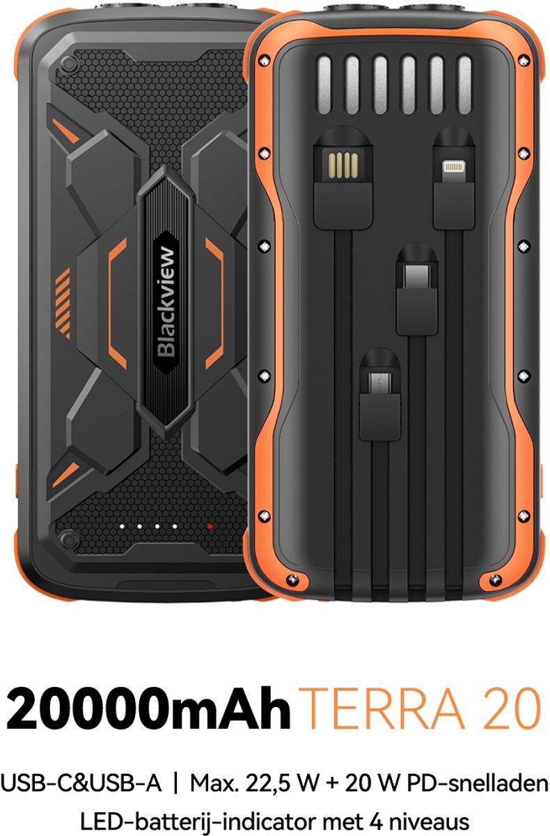 Blackview TERRA 20 - 20.000 mAh Powerbank - 22,5W & 20W PD snelladen - waterdicht, stofdicht en schokbestendig - met ingebouwde kabels, LED zaklamp en meerdere USB-poorten - veilige outdoor powerbank met koelsysteem en beveiliging- oranje