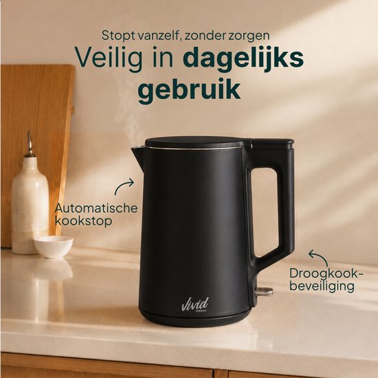 Zwarte waterkoker met stoom. Automatische kookstop en droogkookbeveiliging. Veilig in dagelijks gebruik.