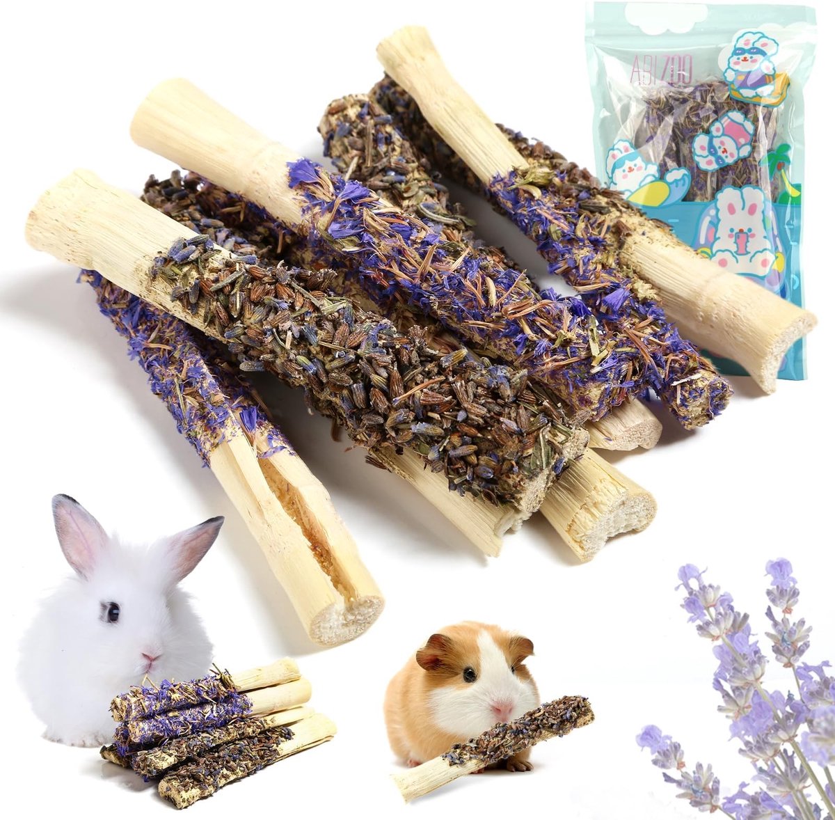Dailygoods- Kauwsticks 8 stuks - Natuurlijk Hooi - Lavendel/Vergeet-mij-niet - Tandverzorging - 100% Zongedroogde Bamboe - Ideaal voor Konijnen/Cavia's - Dierenkauwspeelgoed