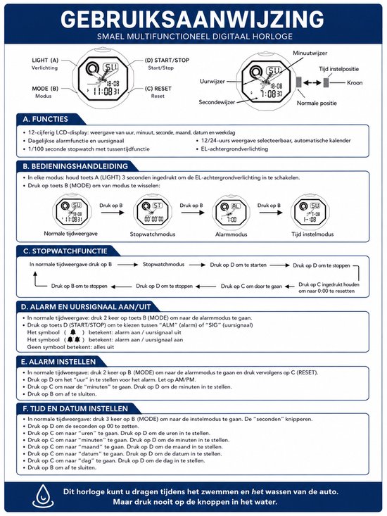 Gebruikshandleiding voor Smael digitaal horloge met diagrammen voor knopfuncties, stopwatch, alarm en tijdinstelling.