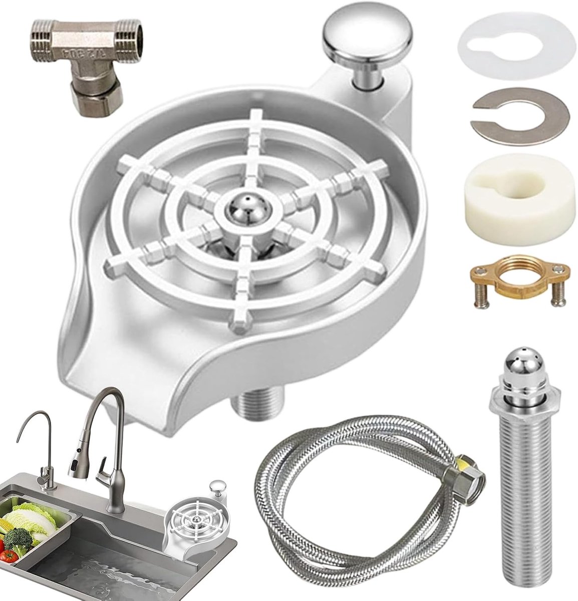Flessenreiniger - Bekerspoeler - Hygiënisch Werken - Geïntegreerde Zeepdispenser - 10x12.5x10 cm - Zilver