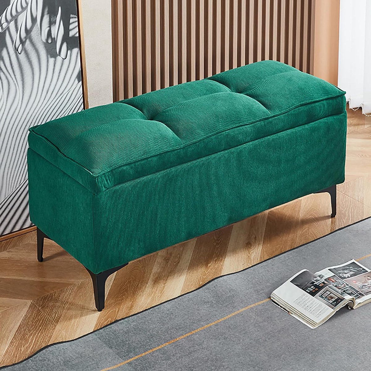 Opbergbankje Corduroy - Voetenbank Kruk - Ruimte Organiseren - Gecapitonneerd Ontwerp - 60x40x45cm - Groen