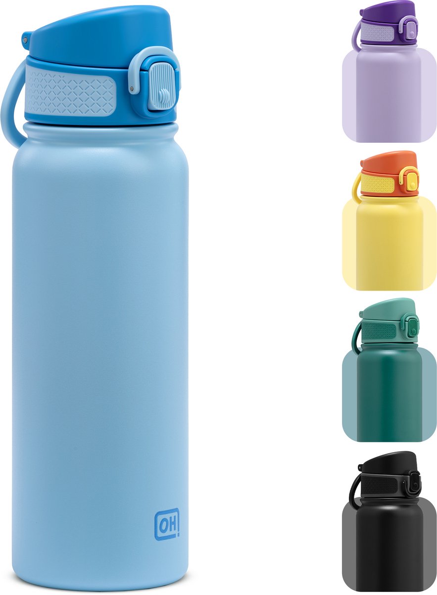 BentOH! RVS Waterfles 600ml Kinderen & Volwassenen - Blauw - Anti-overloop & Lekvrij – Met Eén Hand te Openen – BPA-vrij & Vaatwasserbestendig