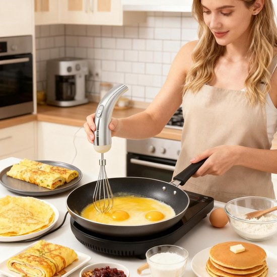 Elektrische Handmixer - Draadloze Garde - Bakken En Koken - Vijf Snelheden Instelbaar - 18 x 5.5 cm - Zilver Wit — afbeelding 3