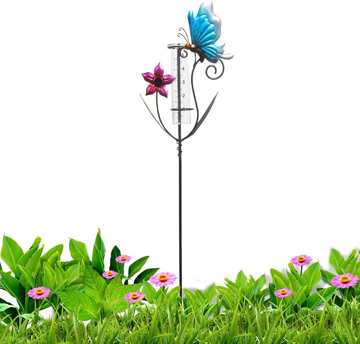 Decoratieve Regenmeter - Tuin Regenmeter - Buiten Tuinieren - Vlinder Decoratie - 90 cm Hoog - Zwart en Blauw