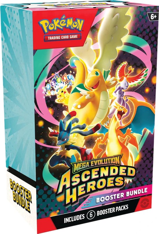 Pokémon Mega Evolution Ascended Heroes Booster Bundle met 6 booster packs. Geillustreerd met Dragonite, Charizard, Lucario en Moltres.