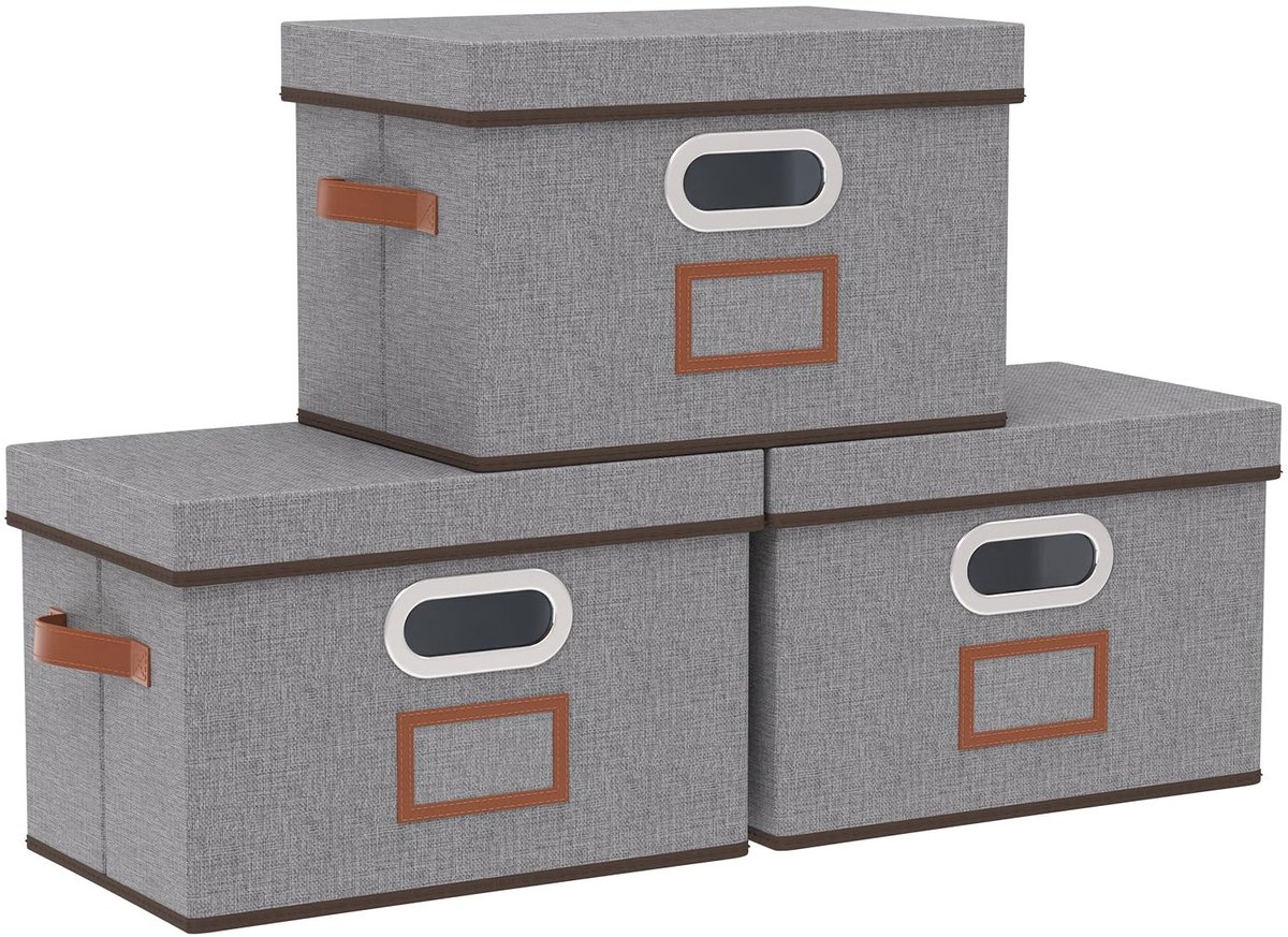 Dailygoods- Opbergdoos met deksel - Opvouwbare opbergdozen - 3 stuks - 38 x 25 x 25 cm - Grijs - Hoogwaardig materiaal - Opbergmand