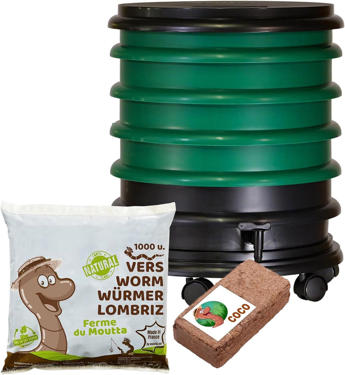 Wormenbak - Compostbak - Organisch afval verwerken - 4 stapelbare bakken - 64 liter - Donkergroen