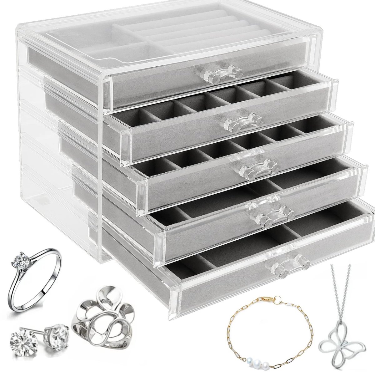 Dailygoods- Sieradendoosje 5 Laden - Sieraden Organizer - Fluwelen Opberger - Transparant Acryl - 23,7 x 17,5 x 15 cm - Perfect voor Ringen/Halskettingen - Sieradenorganizer