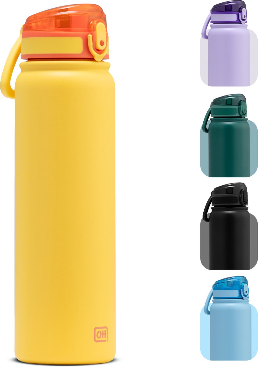 BentOH! RVS Waterfles 1000ml Volwassenen - Geel - Anti-overloop & Lekvrij – Met Eén Hand te Openen – BPA-vrij & Vaatwasserbestendig