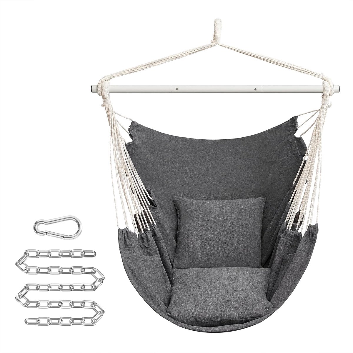 SONGMICS Hangstoel, Hangschommel met 2 kussens, Metalen ketting, Maximaal draagvermogen 150 kg, Binnen en buiten, Woonkamer, Slaapkamer, Leigrijs, GDC197G02