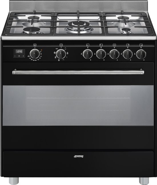 SMEG BG91N2 Vrijstaand Gasfornuis 90 cm - 5 Gasbranders - Elektrische Heteluchtoven 115L - Zwart/RVS