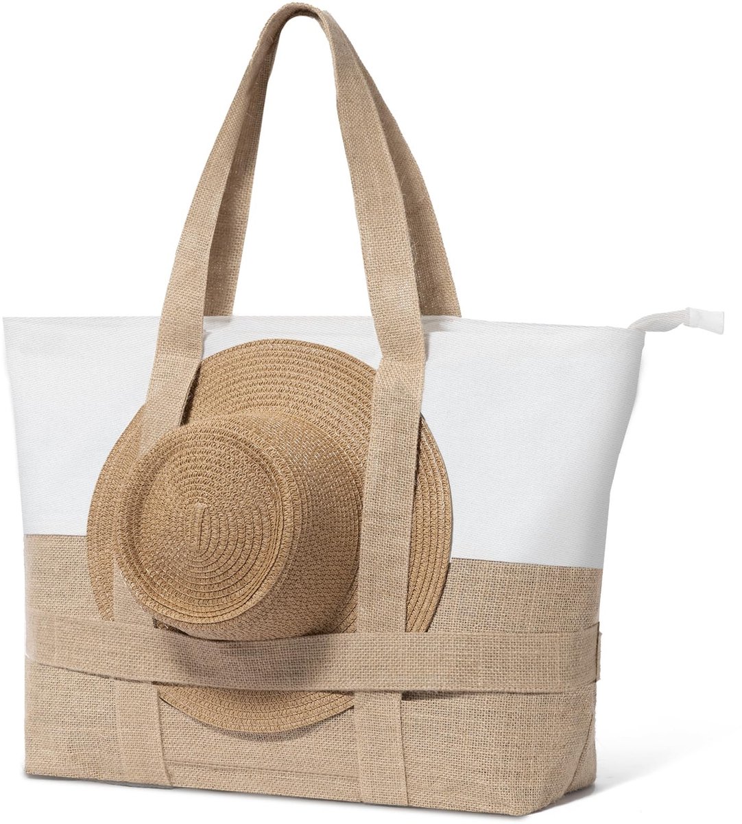 Dailygoods- Strandtas groot met ritssluiting - Ruime strandtas - 35 liter inhoud - Geïntegreerde houder voor hoed - Meerdere vakken - Ideaal voor gezin - Badtas