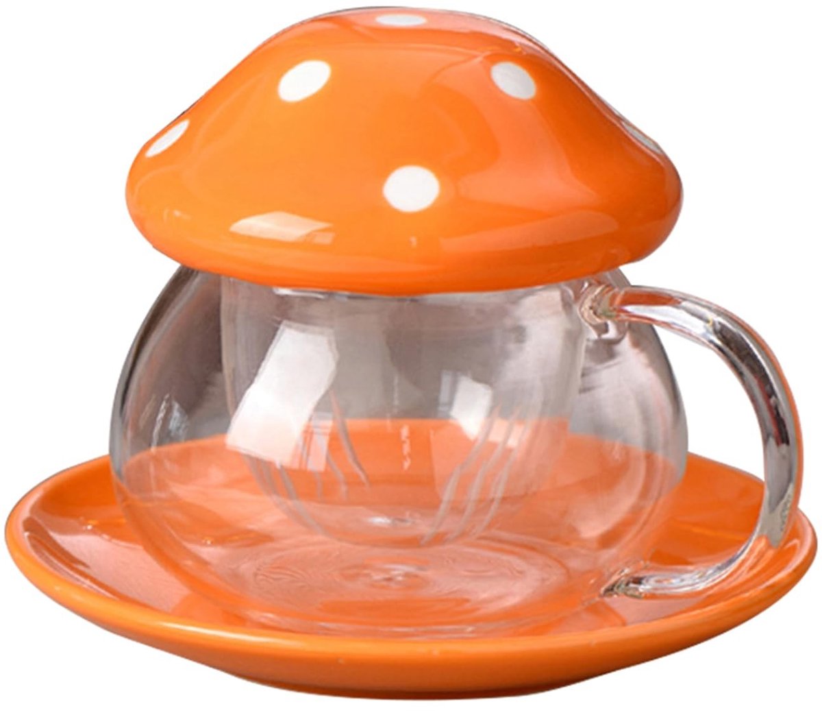 Dailygoods- Paddestoelmok 290 ml - Glazen Theekop - Keramische Deksel - Onderzetter - Hittebestendig - Schattig Ontwerp