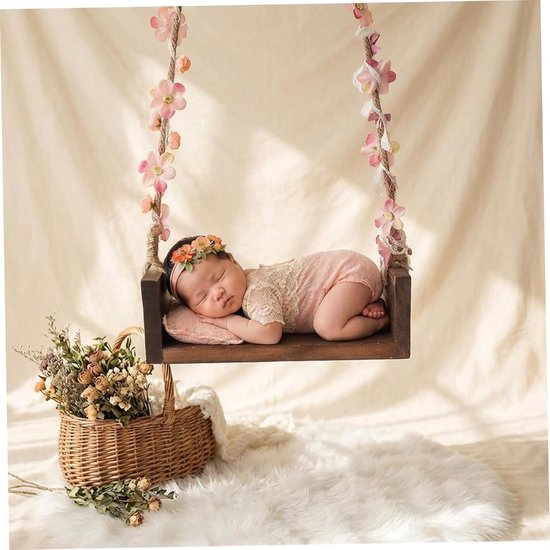 Baby Schommel - Houten Stoel - Foto Prop - Met Bloem Touw - 32 cm - Donkerrood — afbeelding 3