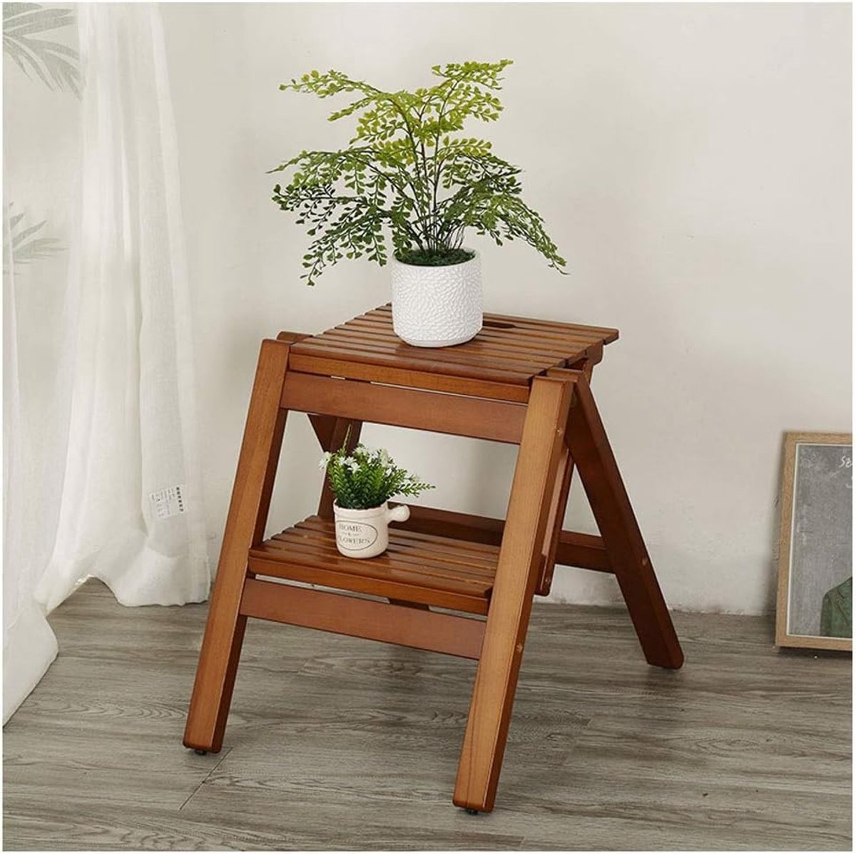 Opvouwbare Kruk - Houten Voetenbank - Bloemenstandaard - Stabiel en Duurzaam - 458 cm Hoog - Beige