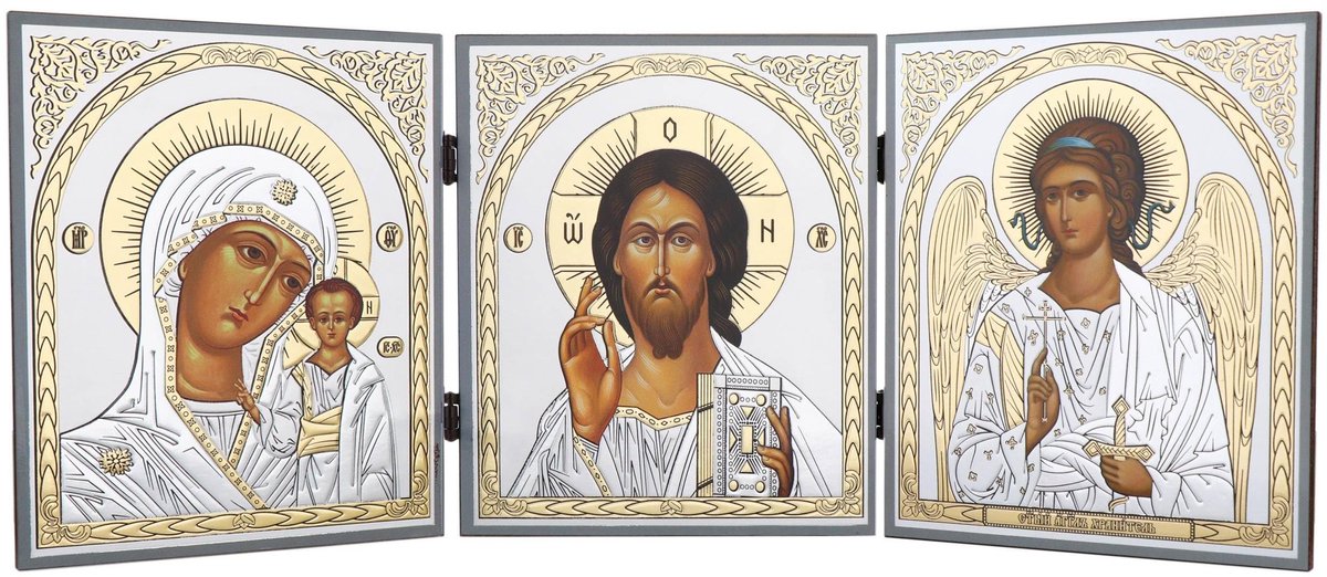 Dailygoods- Icoon Drieluik 18x46cm - Godsmoeder van Kazan - Jezus Christus - Beschermengel - Hemelse Bescherming - Goddelijke Leiding - Religieuze Kunst
