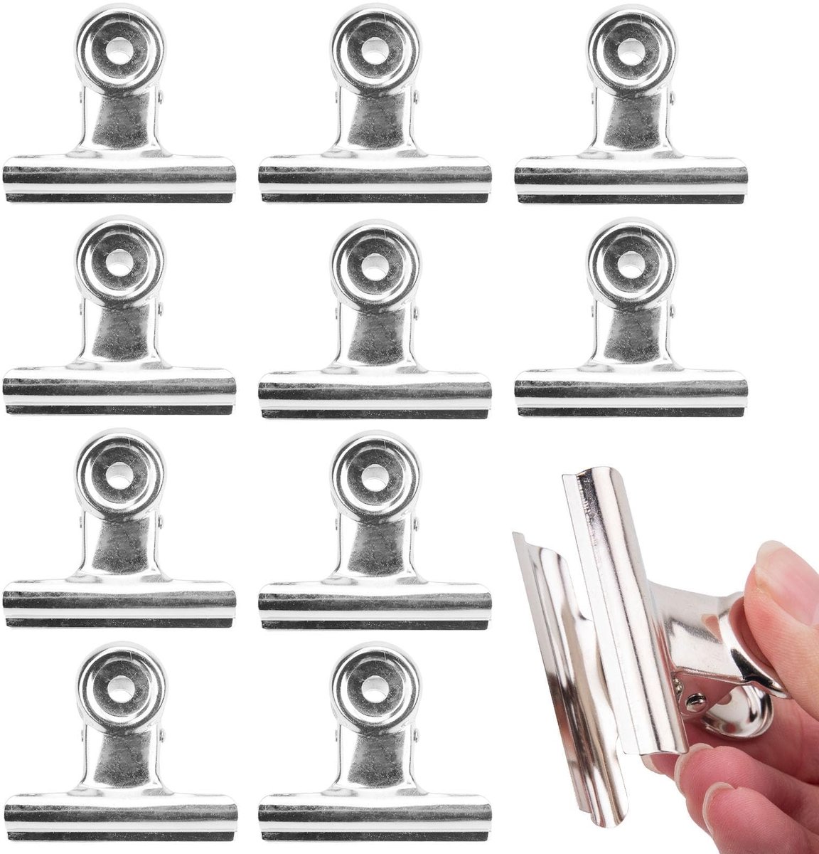 Dailygoods- Bulldog Clips 10 stuks - Roestvrij Staal - 90 mm - Sterke Veerklemmen - Geschikt voor Voorwerpen tot 40 mm - Ophanggat - Klemmen