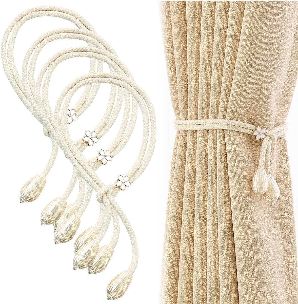 Dailygoods - 4 stuks gordijngordijnhouders, gordijnhouders, embrasses voor gordijnen, handgebreide katoenen gordijngordijnhouders, gordijnhouders, gordijnhouders voor gordijnen, gordijnhouders, beige