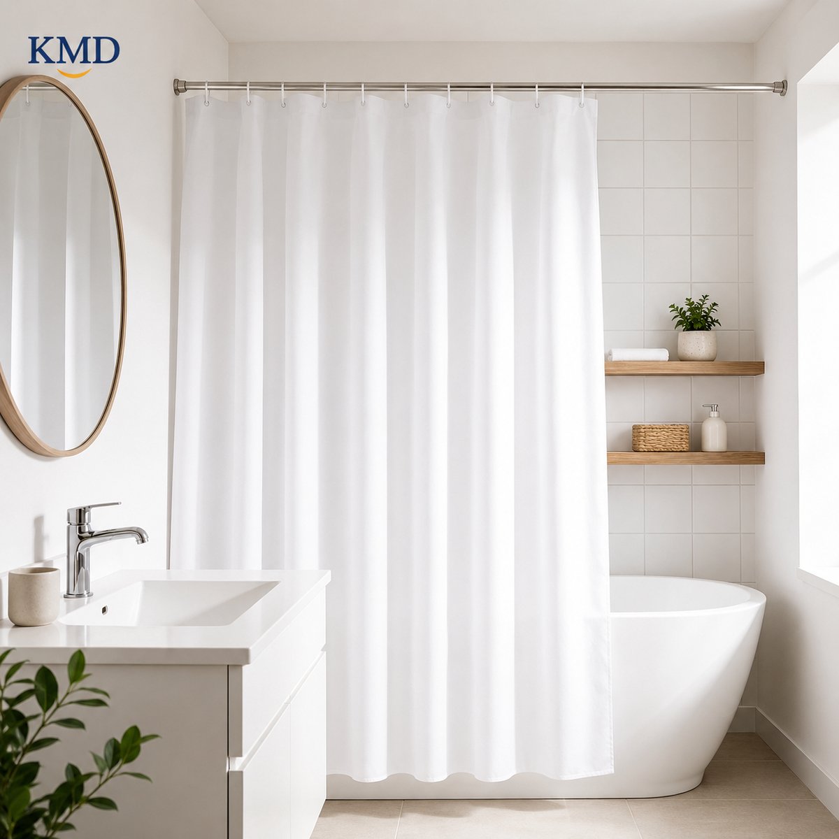 KMD Douchegordijn Wit 200x200 cm - Waterafstotend Polyester - Schimmelbestendig - Inclusief Haken