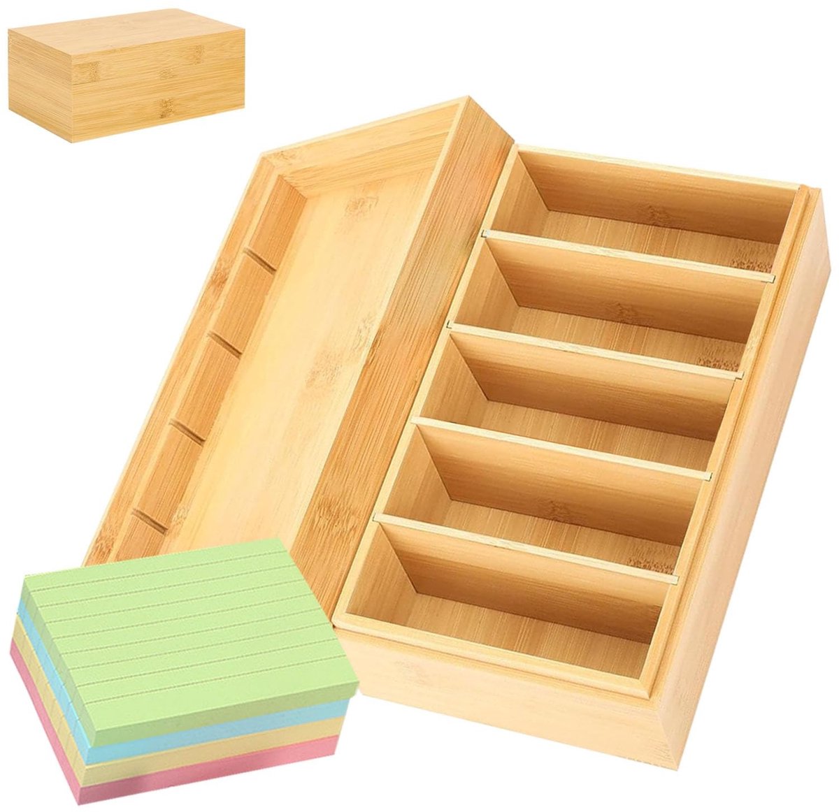 Dailygoods- Kaartenopbergdoos met deksel - Houten box - 4 uitneembare scheidingswanden - 400 notitieblaadjes - Bamboehout - Organiseren van kaarten - Opbergdoos