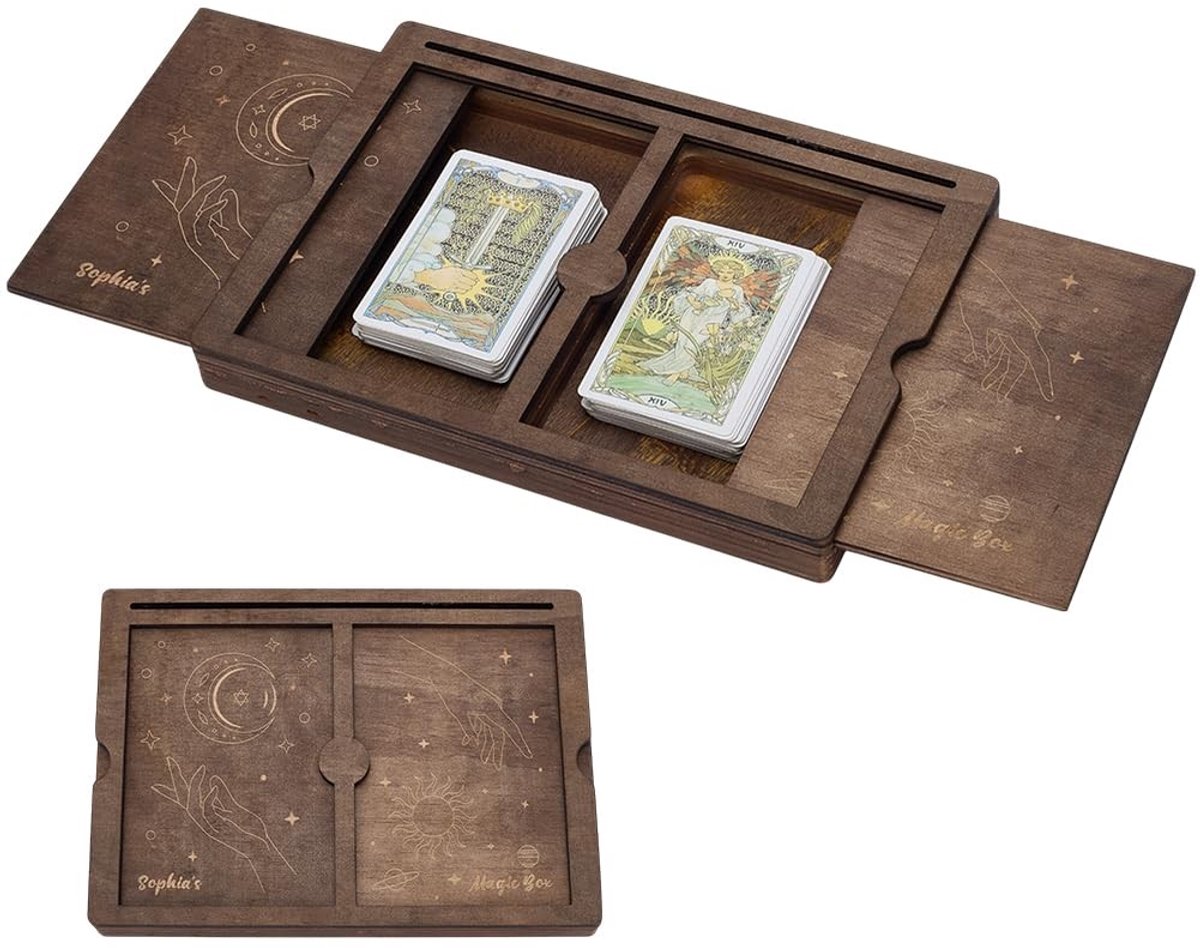 Dailygoods- Tarotkaartenbox Hout - Rechthoekige Opbergdoos - Maan/Zonpatroon - 24 x 17 x 3 cm - Hoogwaardige Kwaliteit - Perfect voor Standaardformaat Kaarten