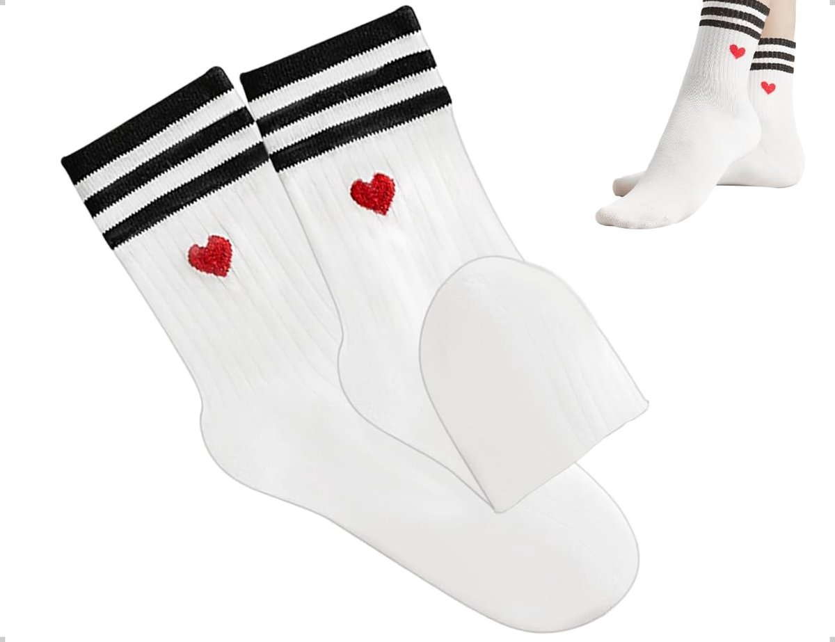 Dailygoods- Damessokken Ademend - Katoenen Sokken - Hartpatroon/Zwart Strepen - Halfhoog - Zweetabsorberend - Comfortabele Naden