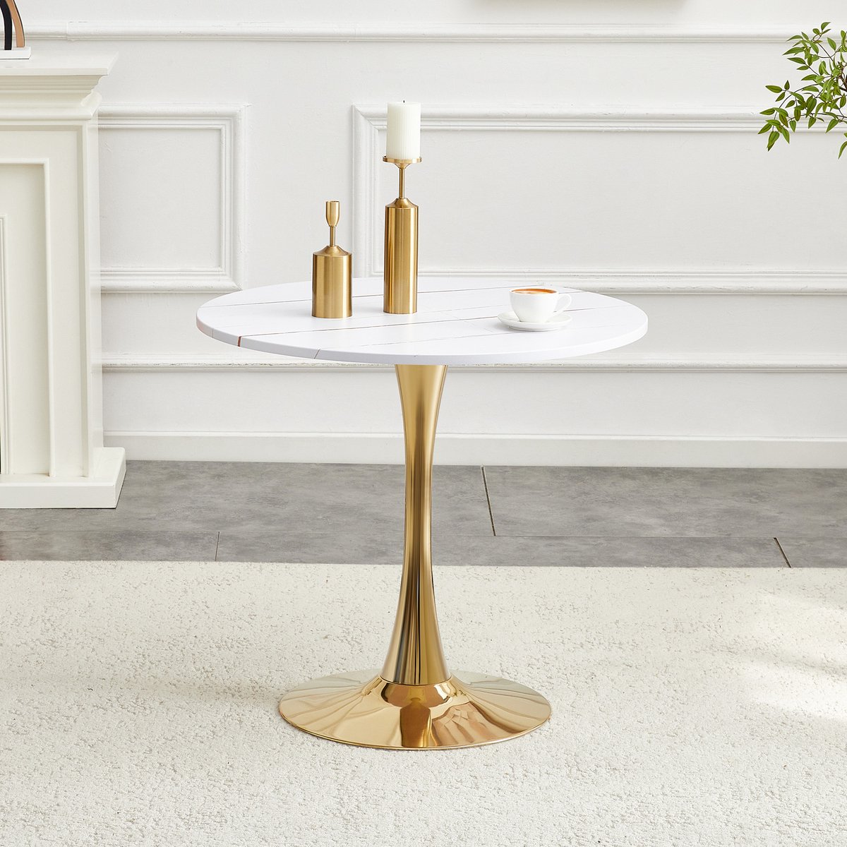 Salontafel - Tafel - Bijzettafels - Rond - 80x80x76 cm - Moderne Bijzettafels - Zandloperontwerp - Moderne salontafel - Wit, goudkleurig