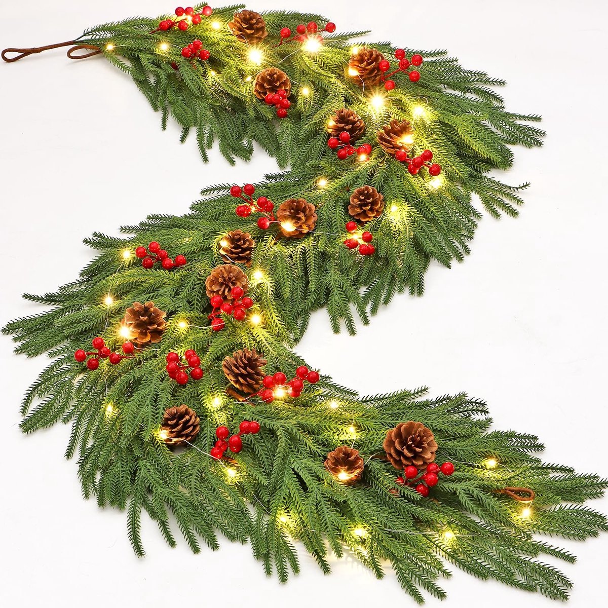 Dailygoods - Norfolk Kerstslinger met verlichting, kunstdennenslinger, kerstdecoratie, voor binnen en buiten, rode bessen, decoratieve slinger voor huisdeur, trap, open haard, 2 stuks