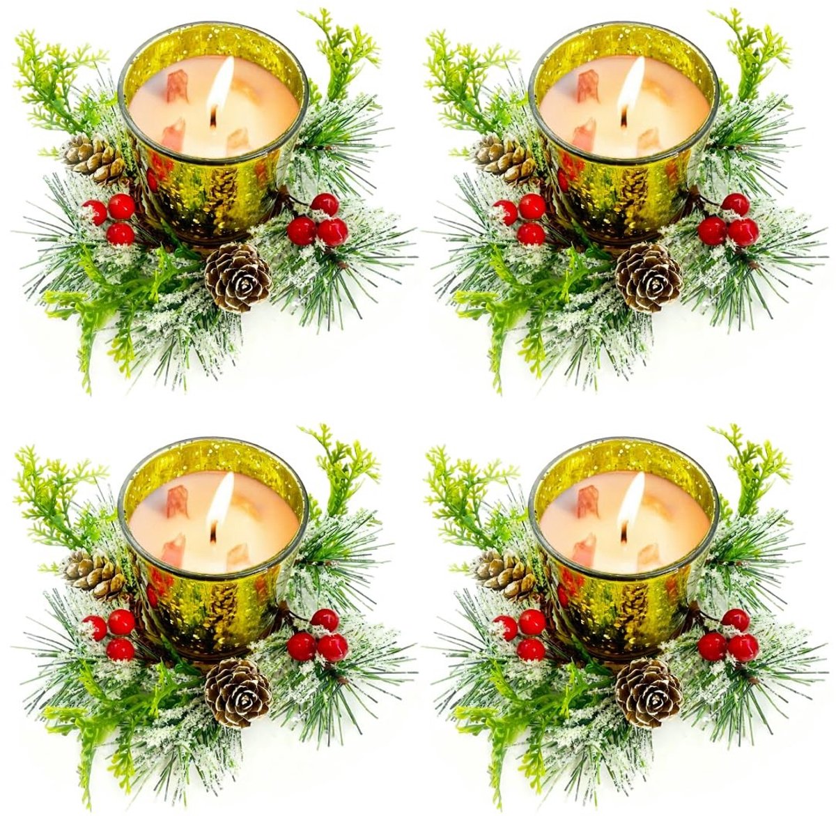 Dailygoods - Yuragim Theelichthouder Kerstmis windlicht glas kaarsenhouder set van 4 theelichtglazen theelichtglas kaarsenglazen votiefkaarsenhouder met rode bessen dennenappels voor advent Kerstmis tafeldecoratie