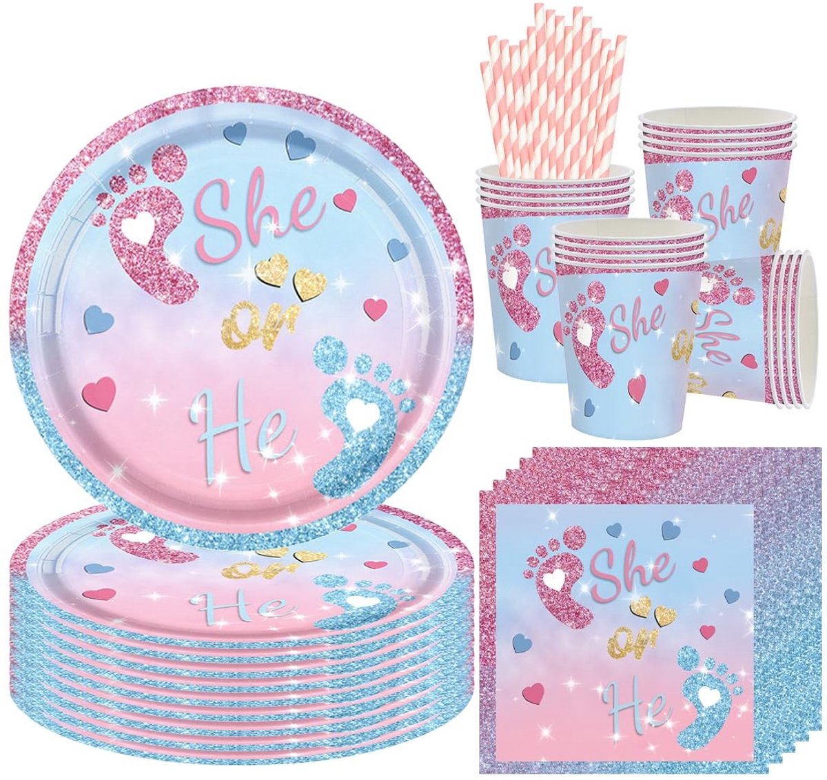 Dailygoods- Doopservies 68-delig - Feestservies - Genderonthullingsset - Borden/Bekers - Servetten - Hoogwaardig papier
