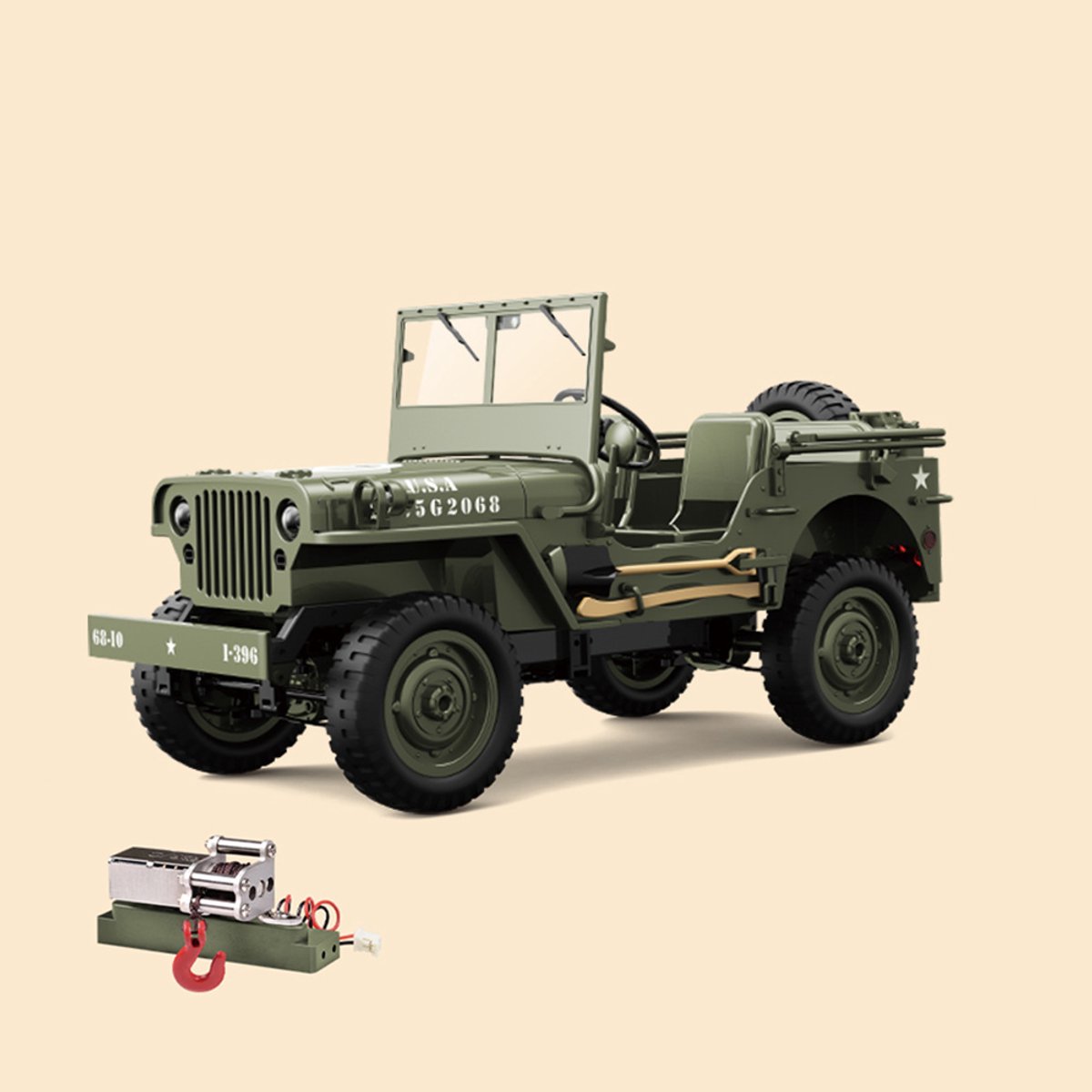 JJRC C8815 RC Auto 1:12 4WD Offroad Militair Model – 2.4G Afstandsbediening, LED Verlichting, 7.4V Li-ion Accu – 6 km/h – Standaard + Lier